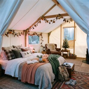 Interno accogliente di una tenda glamping sulla Costa del Sol, decorata con dettagli festivi per Halloween e Natale, illuminata dalla dolce luce dell'alba. (Immagine generata con IA)