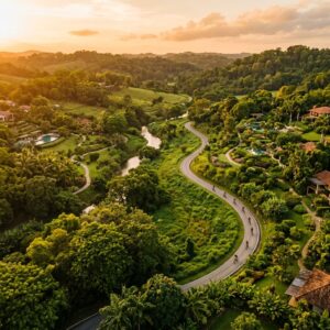 Vista aerea al tramonto di un percorso ciclabile serpeggiante all'interno di un resort immerso nella natura, con le silhouette di ciclisti in lontananza.