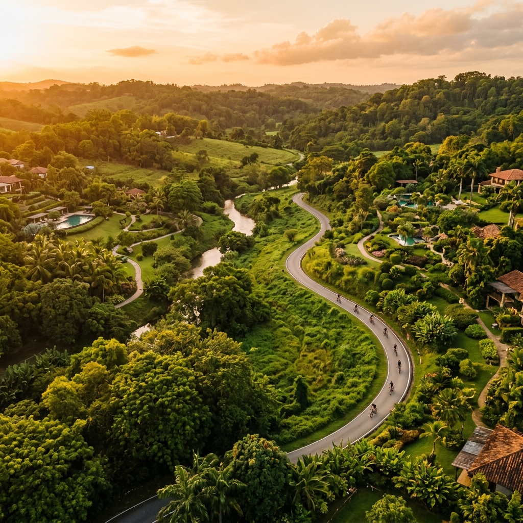 Vista aerea al tramonto di un percorso ciclabile serpeggiante all'interno di un resort immerso nella natura, con le silhouette di ciclisti in lontananza.