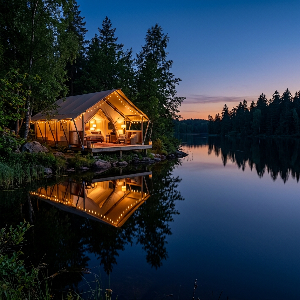Tenda da glamping di lusso elegantemente illuminata durante l'ora blu, con le sue luci calde che si riflettono nitidamente sulla superficie immobile di un lago o di una baia tranquilla. Si intravedono in lontananza silhouette di alberi sempreverdi.