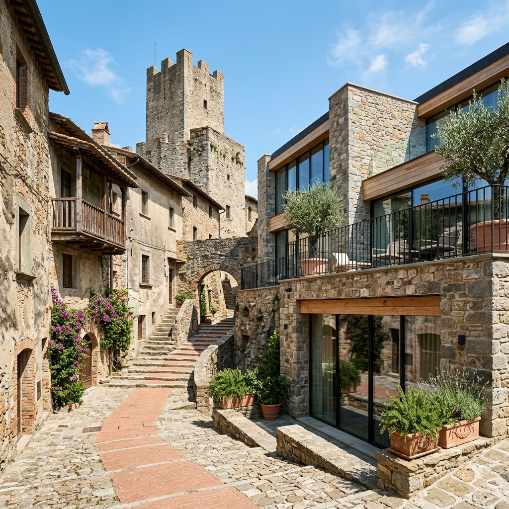 Architettura moderna di un nuovo resort integrato tra le antiche mura di un borgo medievale toscano sotto il sole di mezzogiorno, con giochi di luce e ombre. (Immagine generata con IA)