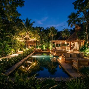Fotografia grandangolare di un'area lounge esterna di un resort di lusso a Tulum, Messico, illuminata elegantemente con luci artificiali al crepuscolo, circondata da vegetazione tropicale, con l'acqua calma di una piscina o specchio d'acqua in primo piano.