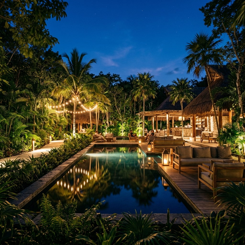 Fotografia grandangolare di un'area lounge esterna di un resort di lusso a Tulum, Messico, illuminata elegantemente con luci artificiali al crepuscolo, circondata da vegetazione tropicale, con l'acqua calma di una piscina o specchio d'acqua in primo piano.