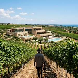 Uno scatto architettonico a livello del suolo di un moderno resort pugliese immerso tra filari di vigneti sotto il sole di mezzogiorno, con una persona in lontananza di spalle. (Immagine generata con IA)