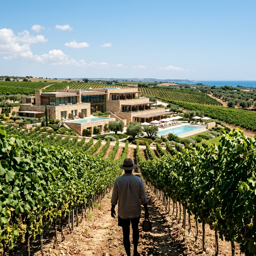 Uno scatto architettonico a livello del suolo di un moderno resort pugliese immerso tra filari di vigneti sotto il sole di mezzogiorno, con una persona in lontananza di spalle. (Immagine generata con IA)