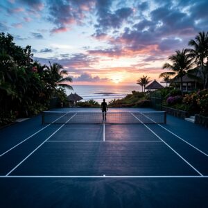 Uno scatto architettonico a livello del suolo di un campo da tennis di lusso all'alba, con toni freddi e rosa. Il campo è immerso in una rigogliosa vegetazione tropicale, con una silhouette in lontananza e lo scorcio dell'oceano sullo sfondo. (Immagine generata con IA)