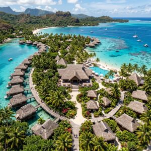Vista aerea dall'alto di un lussuoso resort a tema polinesiano, con tetti in paglia, giardini tropicali lussureggianti e lagune turchesi sotto il sole di mezzogiorno. Si notano piscine e percorsi tra la vegetazione.