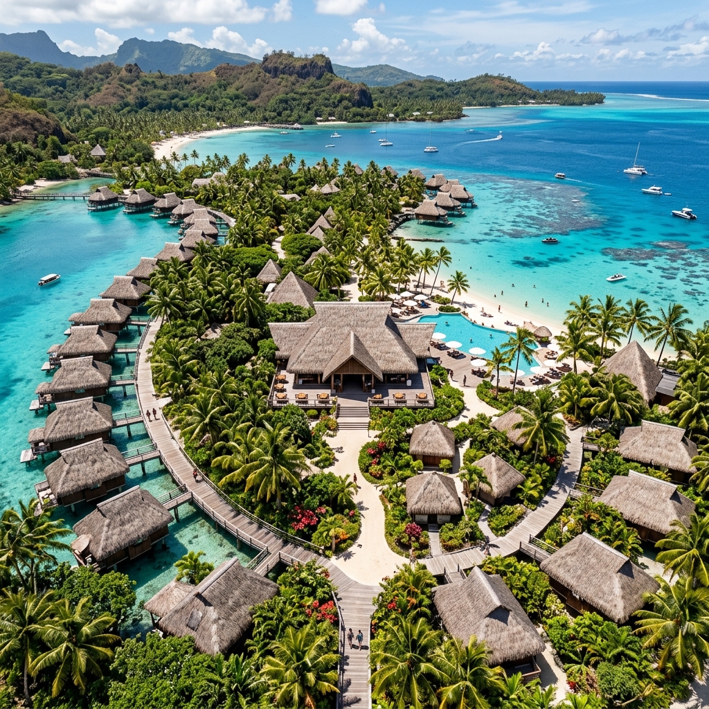 Vista aerea dall'alto di un lussuoso resort a tema polinesiano, con tetti in paglia, giardini tropicali lussureggianti e lagune turchesi sotto il sole di mezzogiorno. Si notano piscine e percorsi tra la vegetazione.