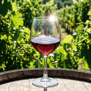 Dettaglio ravvicinato di un calice di vino rosso sotto il sole di mezzogiorno, con vigneti verdi sfocati sullo sfondo. (Immagine generata con IA)