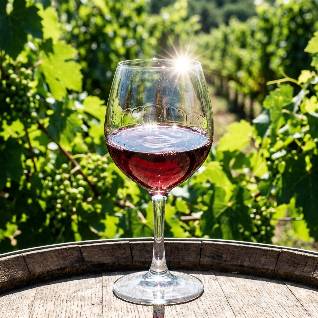 Dettaglio ravvicinato di un calice di vino rosso sotto il sole di mezzogiorno, con vigneti verdi sfocati sullo sfondo. (Immagine generata con IA)