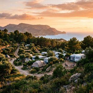 Scatto panoramico grandangolare di un campeggio a Benidorm, Spagna, al tramonto, con tende e caravan immerse nella vegetazione mediterranea e figure umane in silhouette. (Immagine generata con IA)