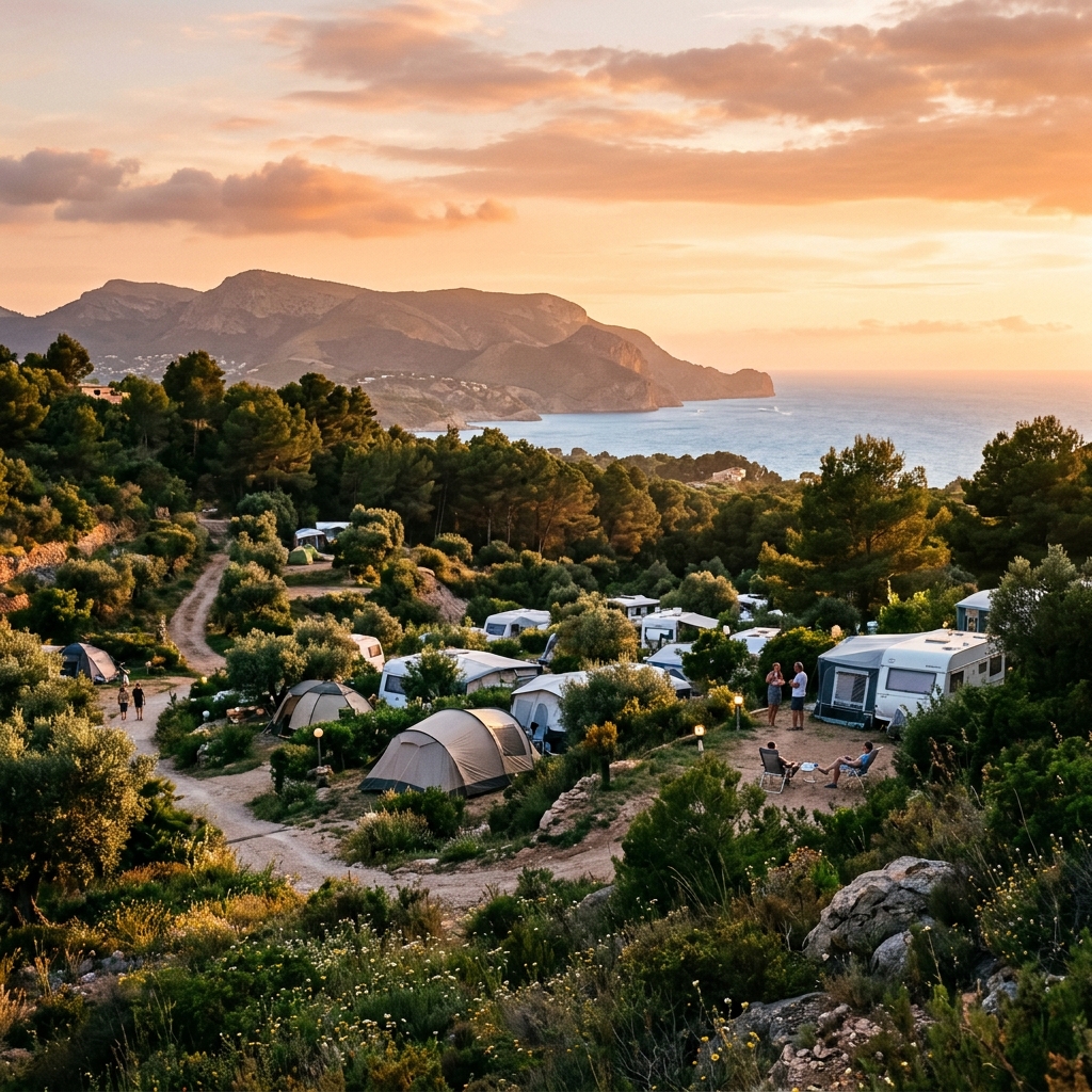 Scatto panoramico grandangolare di un campeggio a Benidorm, Spagna, al tramonto, con tende e caravan immerse nella vegetazione mediterranea e figure umane in silhouette. (Immagine generata con IA)