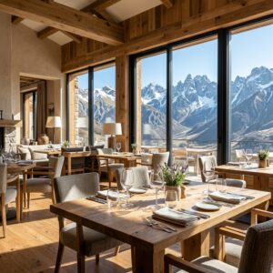 Interno di un elegante ristorante di un resort sui Monti Sibillini, con ampie finestre che offrono una vista panoramica. La luce del sole di mezzogiorno inonda la sala, evidenziando arredi in legno naturale e tavoli raffinati.