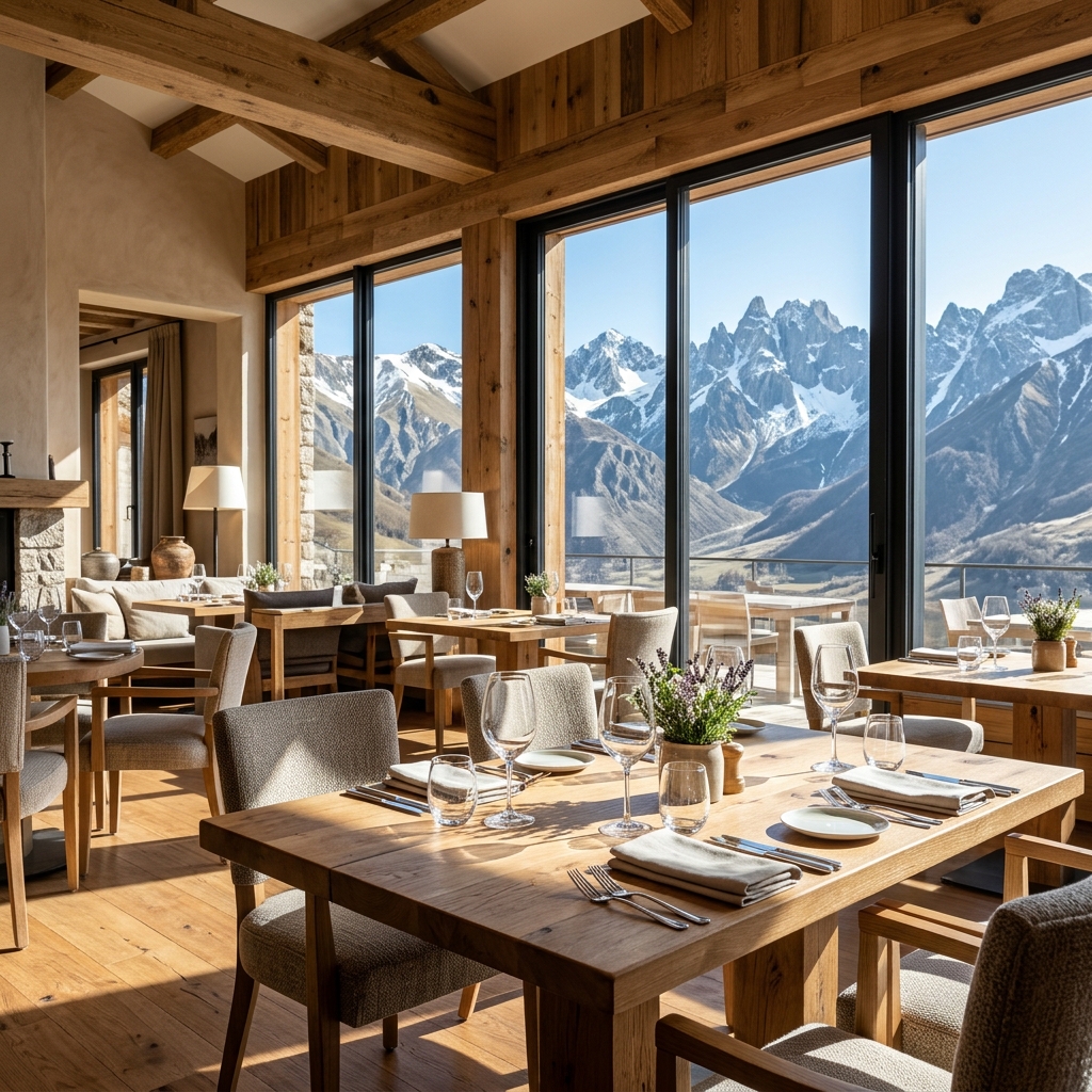 Interno di un elegante ristorante di un resort sui Monti Sibillini, con ampie finestre che offrono una vista panoramica. La luce del sole di mezzogiorno inonda la sala, evidenziando arredi in legno naturale e tavoli raffinati.