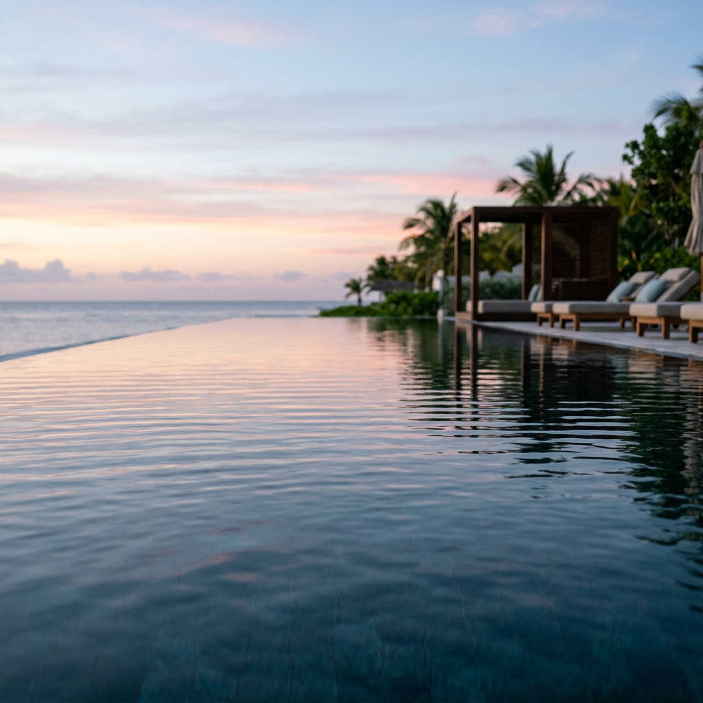 Scatto a filo d'acqua di una lussuosa piscina di resort all'alba, con riflessi rosa e blu del cielo mattutino sulla superficie calma. Si intravedono eleganti arredi a bordo piscina sullo sfondo. (Immagine generata con IA)
