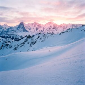 Fotografia paesaggistica grandangolare di un'alba sulle montagne innevate dello Utah, con tonalità fredde e rosate, che mostra piste da sci incontaminate e una figura in lontananza.