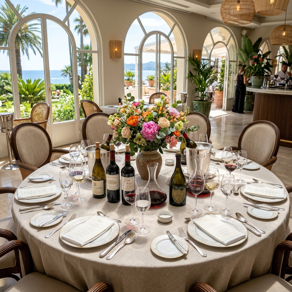 Interno del ristorante Florie's al Four Seasons Resort Palm Beach, con un tavolo elegantemente apparecchiato per una cena con degustazione di vini, illuminato dalla luce solare di mezzogiorno.