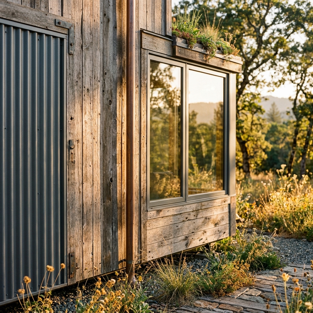 Dettaglio ravvicinato di una moderna mobile home costruita con materiali riciclati e riciclabili, immersa in un paesaggio naturale al tramonto. (Immagine generata con IA)