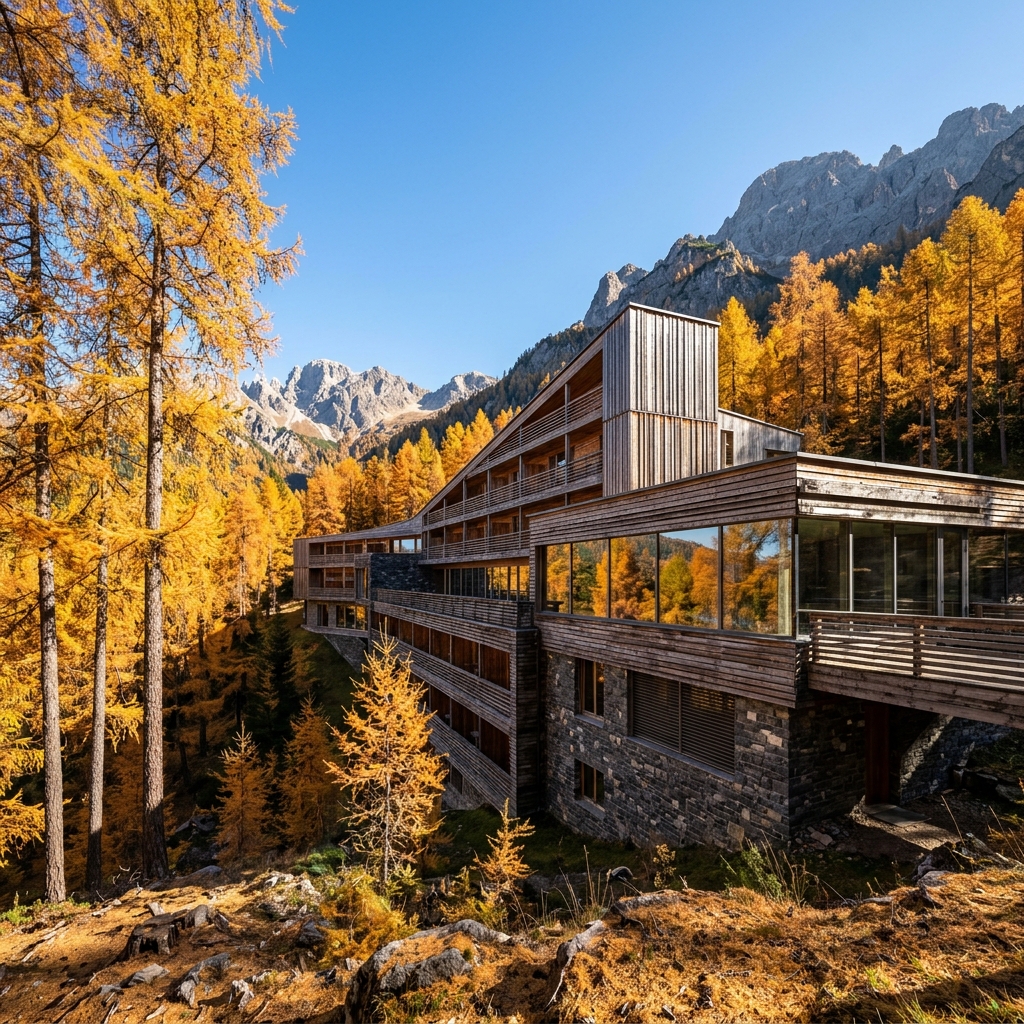 Architettura del vigilius mountain resort in legno, pietra e vetro, immersa in un paesaggio autunnale con larici dorati e arancioni sotto il sole di mezzogiorno. (Immagine generata con IA)